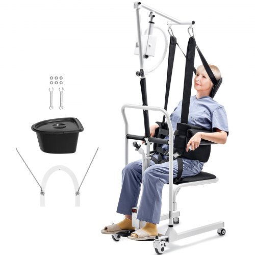 Electric Patient Lift Transfer Chair, Electric Lift Wheelchair with Sling & Adjustable Height, Bedside Commode Shower Chair with 180° Split Seat and Bedpan for Seniors Disabled, 220LBS Capacity