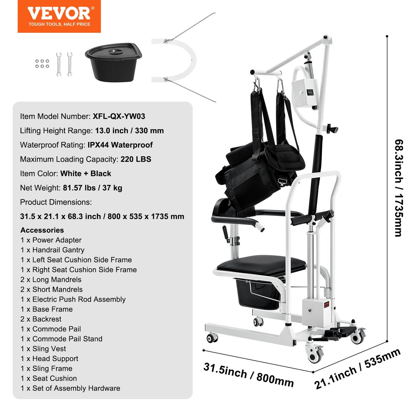 Electric Patient Lift Transfer Chair, Electric Lift Wheelchair with Sling & Adjustable Height, Bedside Commode Shower Chair with 180° Split Seat and Bedpan for Seniors Disabled, 220LBS Capacity
