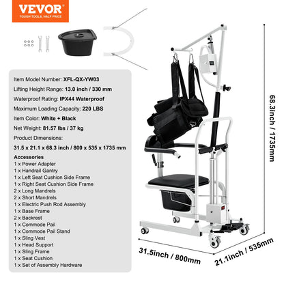 Electric Patient Lift Transfer Chair, Electric Lift Wheelchair with Sling & Adjustable Height, Bedside Commode Shower Chair with 180° Split Seat and Bedpan for Seniors Disabled, 220LBS Capacity