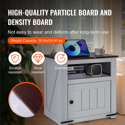 Farmhouse End Table, Square Night Stand with USB Ports and Outlets, 3 Tiers End Table Side Table with Storage Cabinet, Ideal for Living Room, Bedroom, Office, White