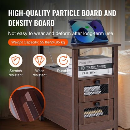 Farmhouse End Table, Narrow Night Stand with USB Ports and Outlets, 4 Tiers End Table Side Table with Storage Cabinet and 2 Drawers, Ideal for Living Room, Bedroom, Office, Brown