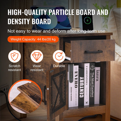 Sidobord i lantligt stil, nattduksbord med USB-portar och uttag, sidobord i 3 våningar, sidobord med förvaringsskåp och 1 låda, perfekt för vardagsrum, sovrum, kontor, Burlywood