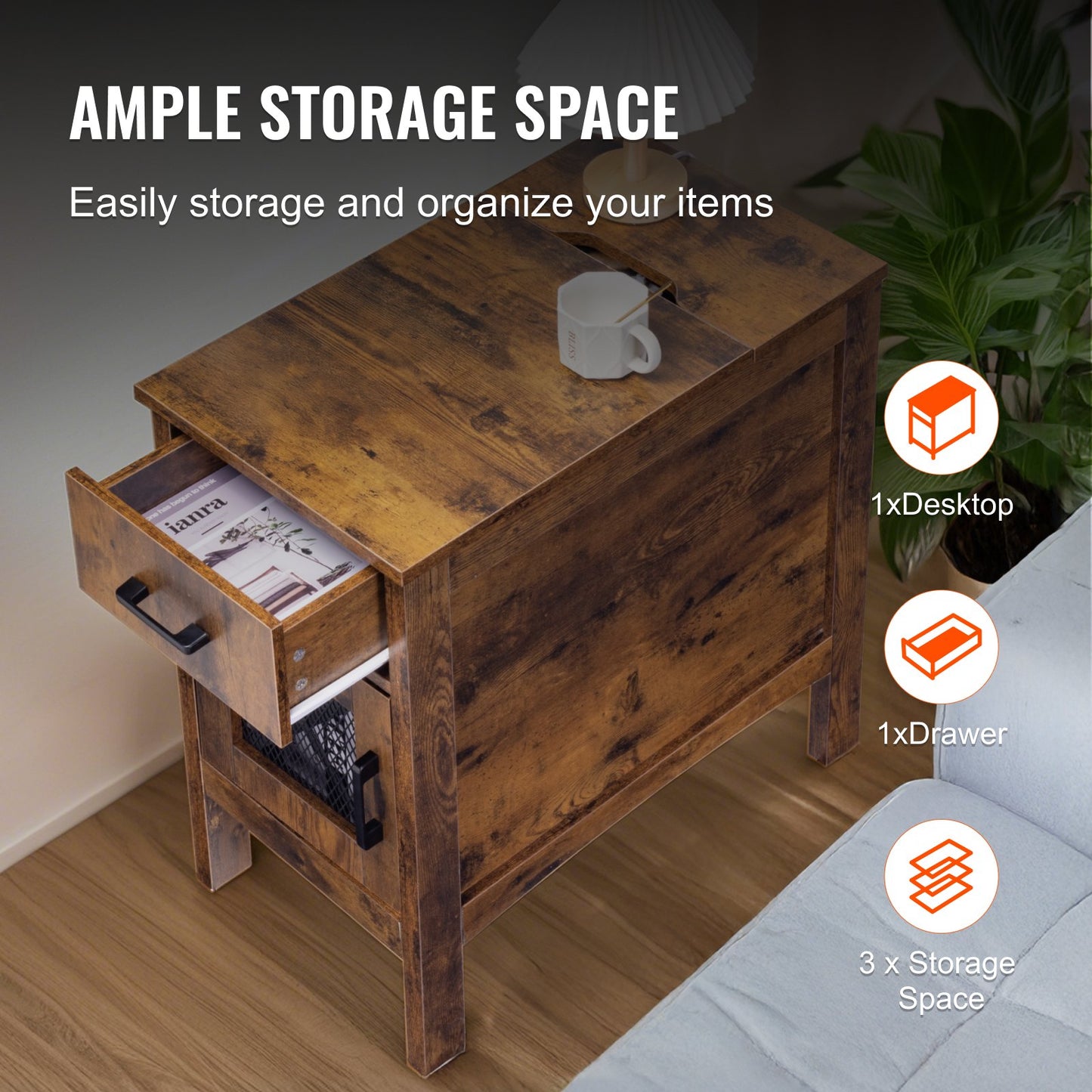 Farmhouse End Table, Night Stand with USB Ports and Outlets, 3 Tiers End Table Side Table with Storage Cabinet and 1 Drawer, Ideal for Living Room, Bedroom, Office, Burlywood