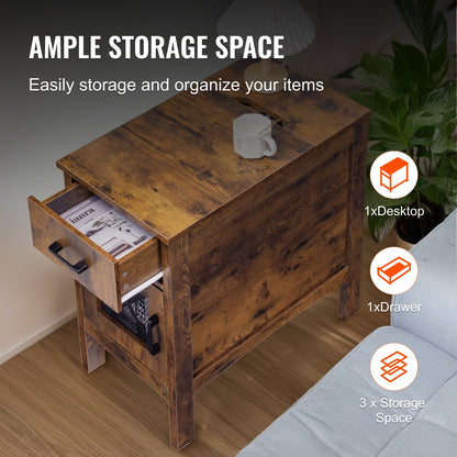 Farmhouse End Table, Night Stand with USB Ports and Outlets, 3 Tiers End Table Side Table with Storage Cabinet and 1 Drawer, Ideal for Living Room, Bedroom, Office, Burlywood