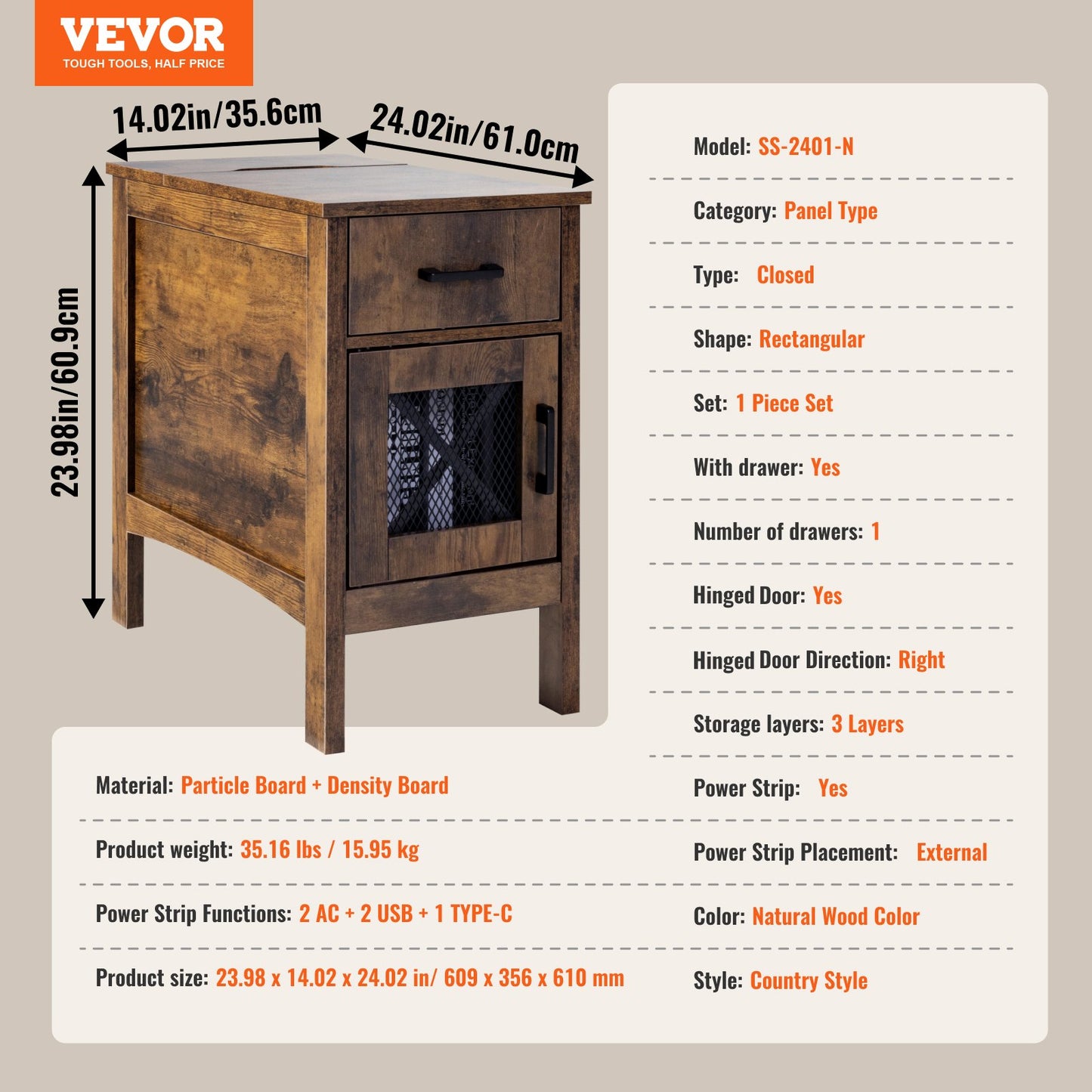 Farmhouse End Table, Night Stand with USB Ports and Outlets, 3 Tiers End Table Side Table with Storage Cabinet and 1 Drawer, Ideal for Living Room, Bedroom, Office, Burlywood