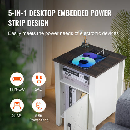 Farmhouse End Table, Set of 2, Square Night Stand with USB Ports and Outlets, 3 Tiers End Table Side Table with Storage Cabinet and LED Lights, Ideal for Living Room, Bedroom, Office, White