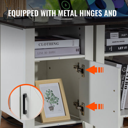 Farmhouse End Table, Set of 2, Square Night Stand with USB Ports and Outlets, 3 Tiers End Table Side Table with Storage Cabinet and LED Lights, Ideal for Living Room, Bedroom, Office, White