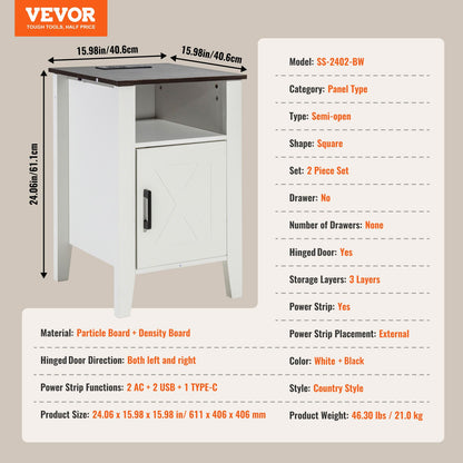 Farmhouse End Table, Set of 2, Square Night Stand with USB Ports and Outlets, 3 Tiers End Table Side Table with Storage Cabinet and LED Lights, Ideal for Living Room, Bedroom, Office, White