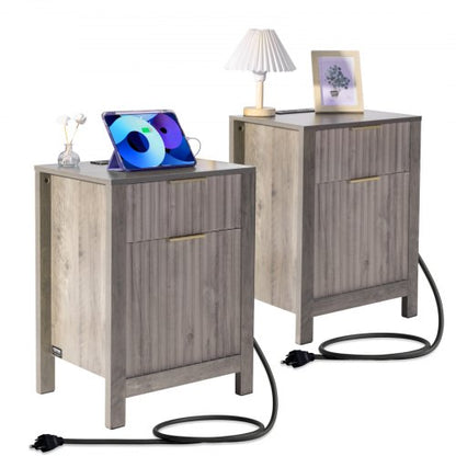 Farmhouse End Table, Set of 2, Square Night Stand with USB Ports and Outlets, 3 Tiers End Table Side Table with Storage Cabinet and 2 Drawers, Ideal for Living Room, Bedroom, Office, Gray