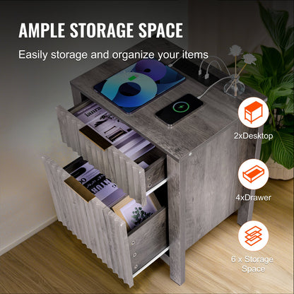 Farmhouse End Table, Set of 2, Square Night Stand with USB Ports and Outlets, 3 Tiers End Table Side Table with Storage Cabinet and 2 Drawers, Ideal for Living Room, Bedroom, Office, Gray