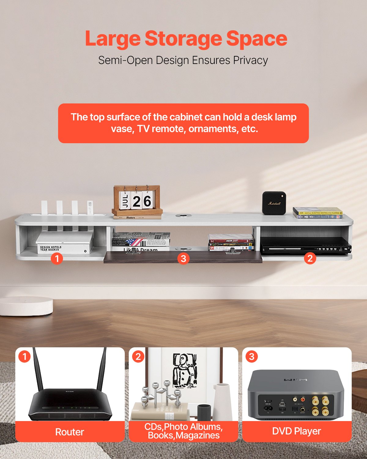 Floating TV Stand, 55 in Wall Mount Entertainment Center with Cable Hole, Modern Floating TV Shelf with Storage Cabinet, Particle Board Console for DVD Player, Cable Box, Game Console, White