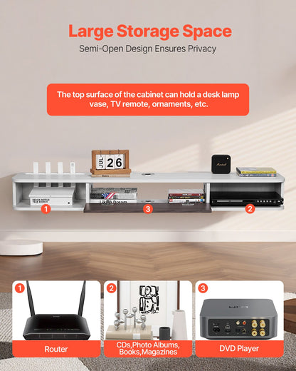 Floating TV Stand, 55 in Wall Mount Entertainment Center with Cable Hole, Modern Floating TV Shelf with Storage Cabinet, Particle Board Console for DVD Player, Cable Box, Game Console, White