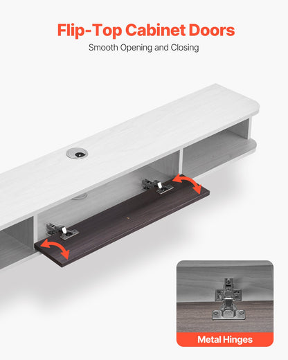 Flytande TV-stativ, 55 tum väggmonterat underhållningscenter med kabelhål, modern flytande TV-hylla med förvaringsskåp, spånskivekonsol för DVD-spelare, kabelbox, spelkonsol, vit