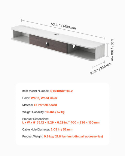 Flytande TV-stativ, 55 tum väggmonterat underhållningscenter med kabelhål, modern flytande TV-hylla med förvaringsskåp, spånskivekonsol för DVD-spelare, kabelbox, spelkonsol, vit