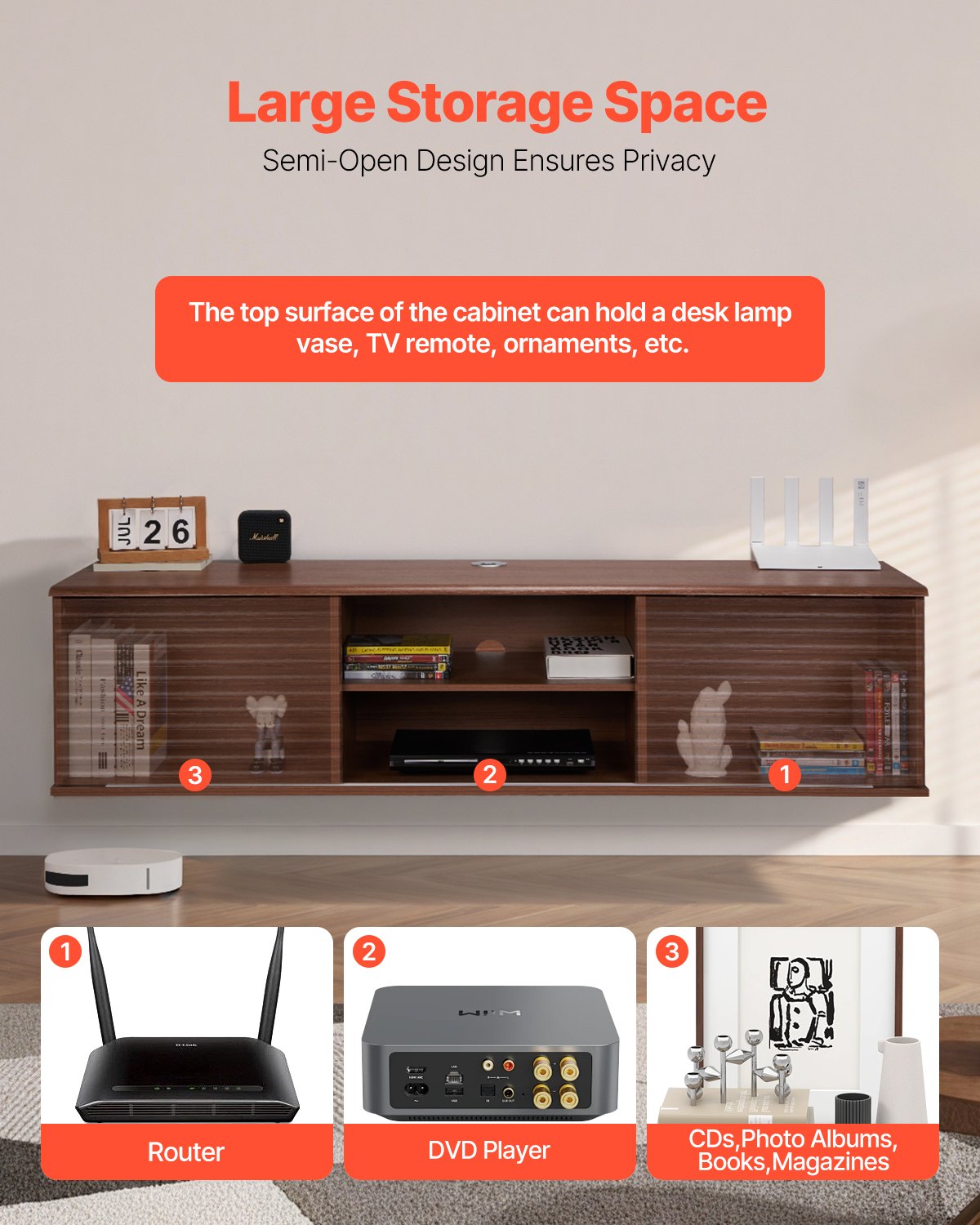 Flytande TV-stativ, 60" väggmonterat underhållningscenter med justerbar hylla och skjutdörrar, 2 nivåer flytande TV-hylla med förvaringsskåp för DVD-spelare, kabel-TV-box, spelkonsol, valnöt