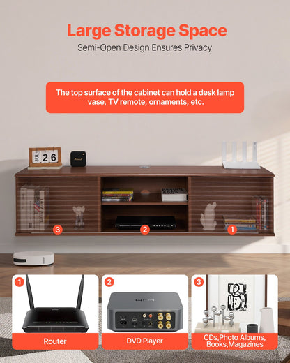 Flytande TV-stativ, 60" väggmonterat underhållningscenter med justerbar hylla och skjutdörrar, 2 nivåer flytande TV-hylla med förvaringsskåp för DVD-spelare, kabel-TV-box, spelkonsol, valnöt