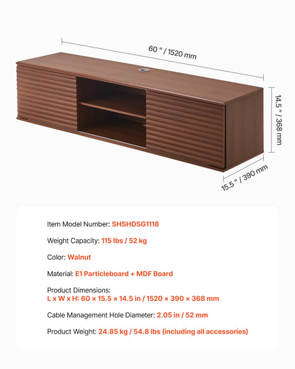 Flytande TV-stativ, 60" väggmonterat underhållningscenter med justerbar hylla och skjutdörrar, 2 nivåer flytande TV-hylla med förvaringsskåp för DVD-spelare, kabel-TV-box, spelkonsol, valnöt