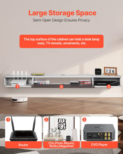 Floating TV Stand, 70 in Wall Mount Entertainment Center with Cable Hole, Modern Floating TV Shelf with Storage Cabinet, Particle Board Console for DVD Player, Cable Box, Game Console, White