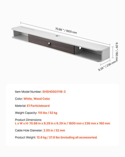 Floating TV Stand, 70 in Wall Mount Entertainment Center with Cable Hole, Modern Floating TV Shelf with Storage Cabinet, Particle Board Console for DVD Player, Cable Box, Game Console, White