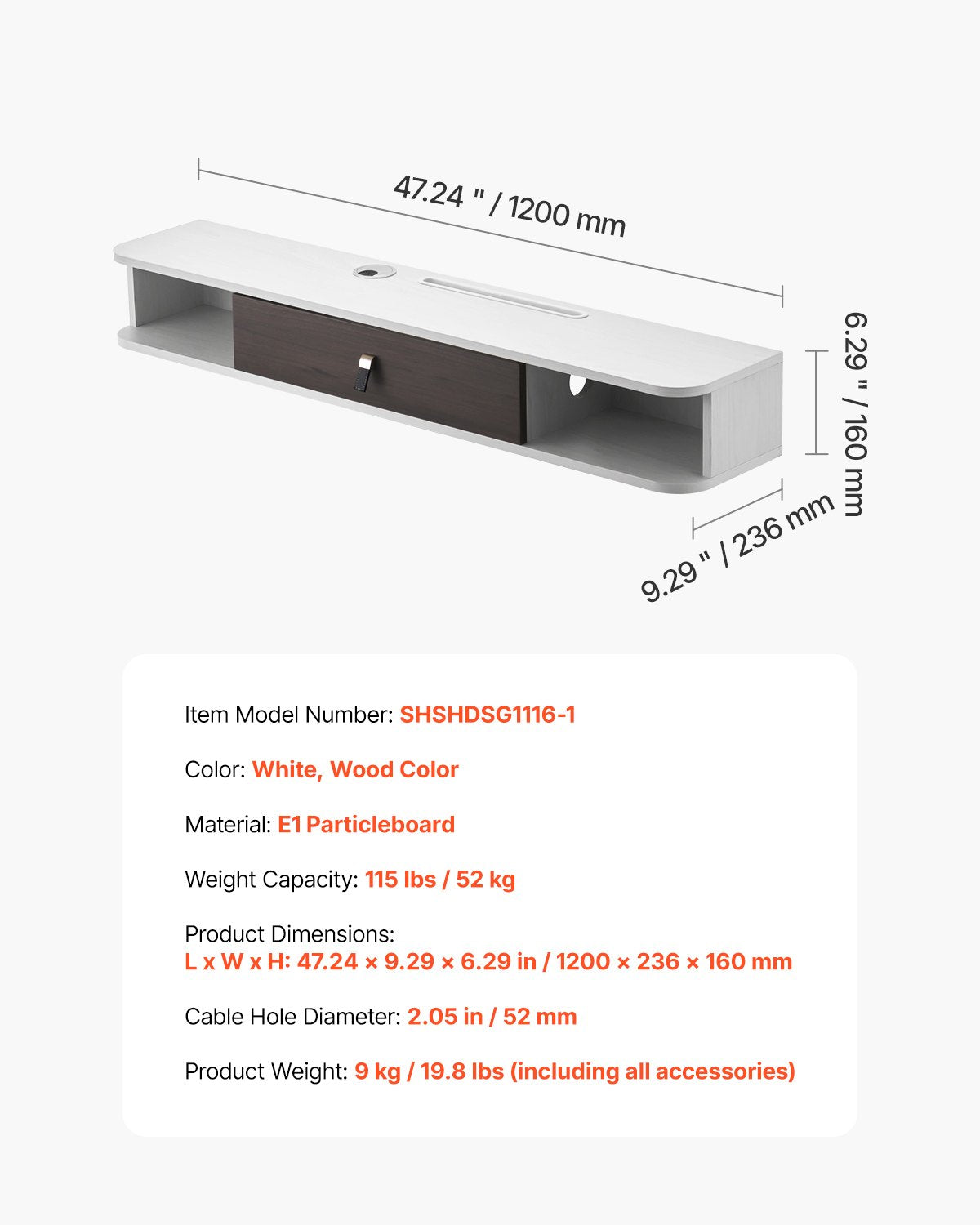 Flytande TV-stativ, 47 tum väggmonterat underhållningscenter med kabelhål, modern flytande TV-hylla med förvaringsskåp, spånskivekonsol för DVD-spelare, kabelbox, spelkonsol, vit