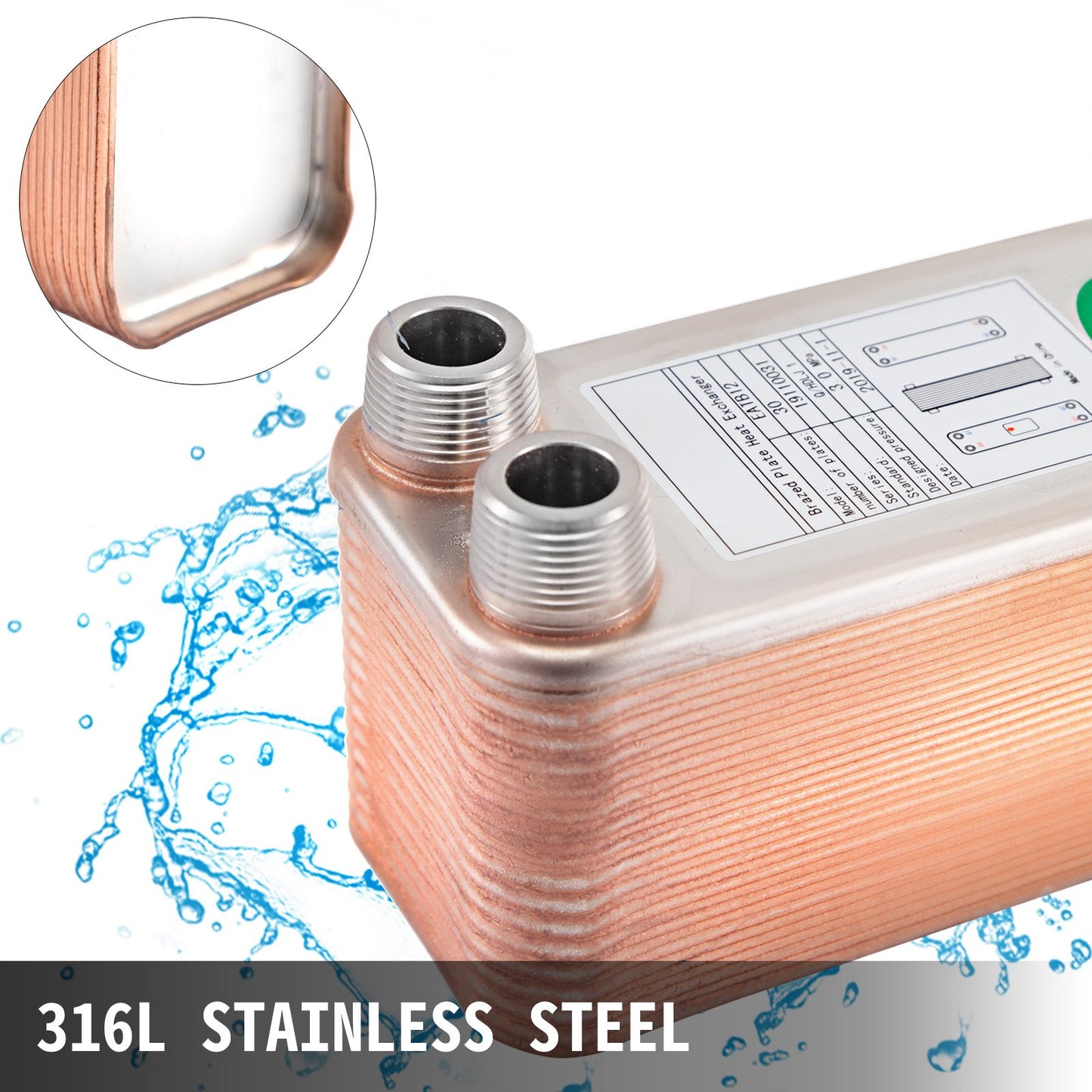 Heat Exchanger 3/4” MNPT Ports Brazed Plate Heat Exchanger 30 Plate heat exchanger plate exchanger Stainless Steel 316L Flat Plate Heat Exchanger Plate Chiller Wort for Hydronic Heating