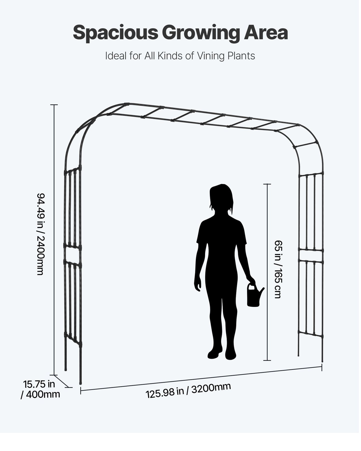 Garden Arbor, 2.4 (H) x 3.2 (W) x 0.4 (D) m Metal Archway, Sturdy Outdoor Trellis Arch with Stakes, Easy to Assemble, Pergola Arbor for Plant Climbing Yard Lawn Wedding Party Decoration