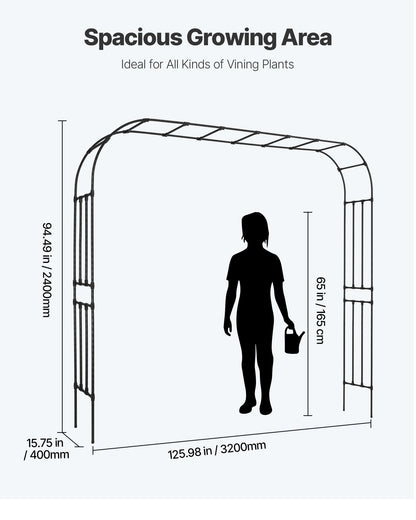 Garden Arbor, 2.4 (H) x 3.2 (W) x 0.4 (D) m Metal Archway, Sturdy Outdoor Trellis Arch with Stakes, Easy to Assemble, Pergola Arbor for Plant Climbing Yard Lawn Wedding Party Decoration