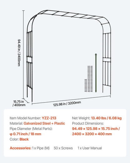 Garden Arbor, 2.4 (H) x 3.2 (W) x 0.4 (D) m Metal Archway, Sturdy Outdoor Trellis Arch with Stakes, Easy to Assemble, Pergola Arbor for Plant Climbing Yard Lawn Wedding Party Decoration