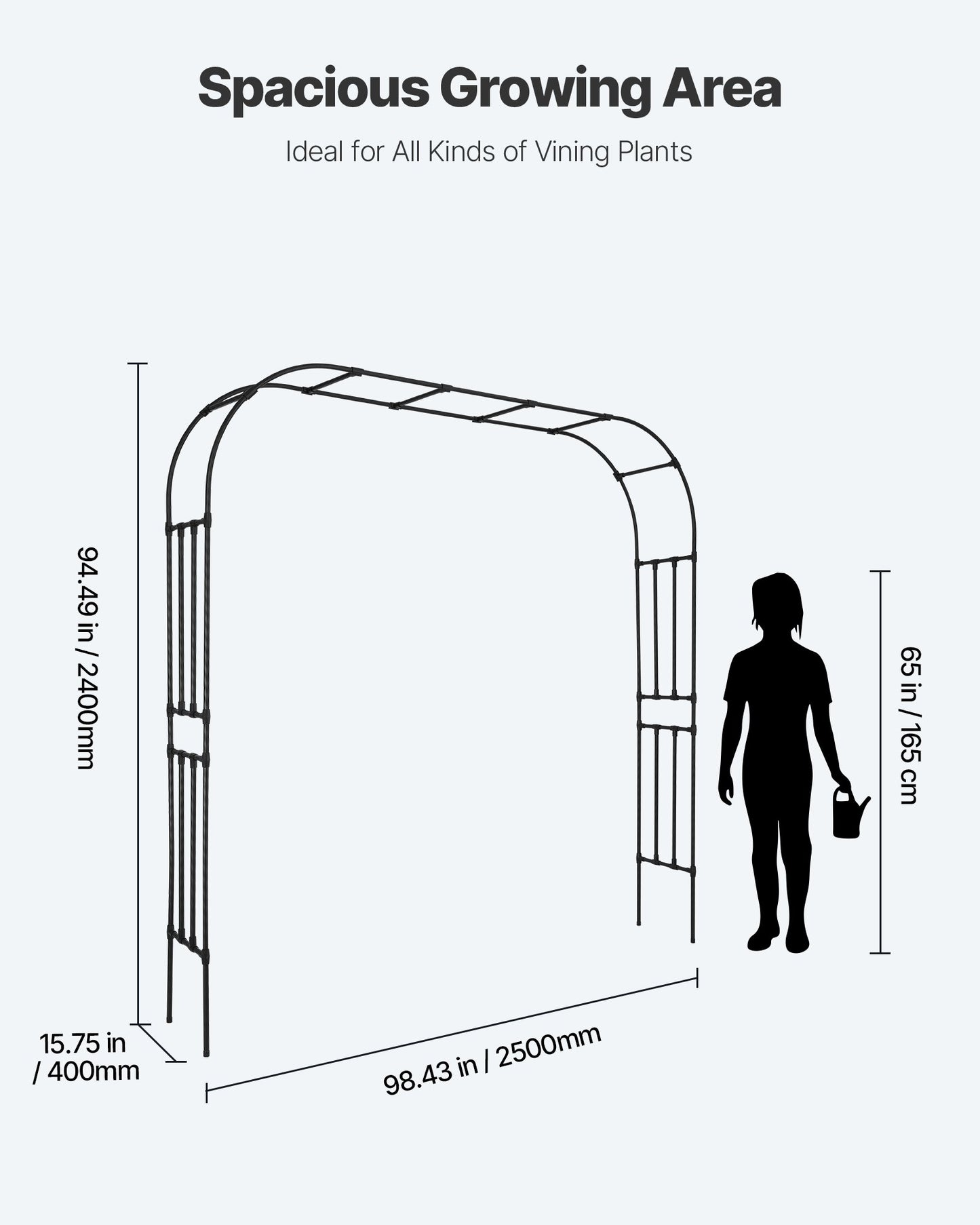 Garden Arbor, 2.4 (H) x 2.5 (W) x 0.4 (D) m Metal Archway, Sturdy Outdoor Trellis Arch with Stakes, Easy to Assemble, Pergola Arbor for Plant Climbing Yard Lawn Wedding Party Decoration