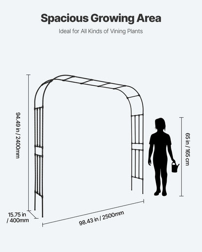 Garden Arbor, 2.4 (H) x 2.5 (W) x 0.4 (D) m Metal Archway, Sturdy Outdoor Trellis Arch with Stakes, Easy to Assemble, Pergola Arbor for Plant Climbing Yard Lawn Wedding Party Decoration
