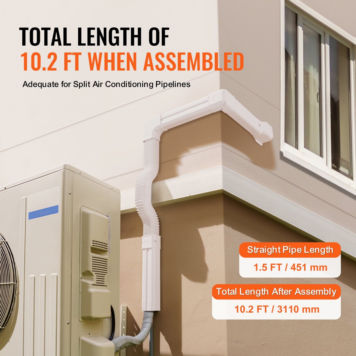 Mini Split Line Set Cover 76.2mm W 3110mm L, PVC Decorative Pipe Line Cover For Air Conditioner with 5 Straight Ducts & Full Components Easy to Install, Paintable for Heat Pumps, White