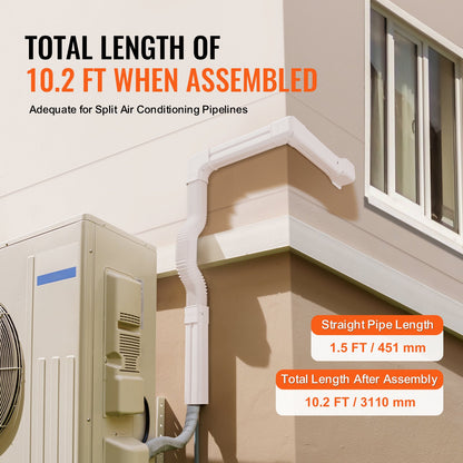 Mini Split Line Set Cover 76.2mm W 3110mm L, PVC Decorative Pipe Line Cover For Air Conditioner with 5 Straight Ducts & Full Components Easy to Install, Paintable for Heat Pumps, White