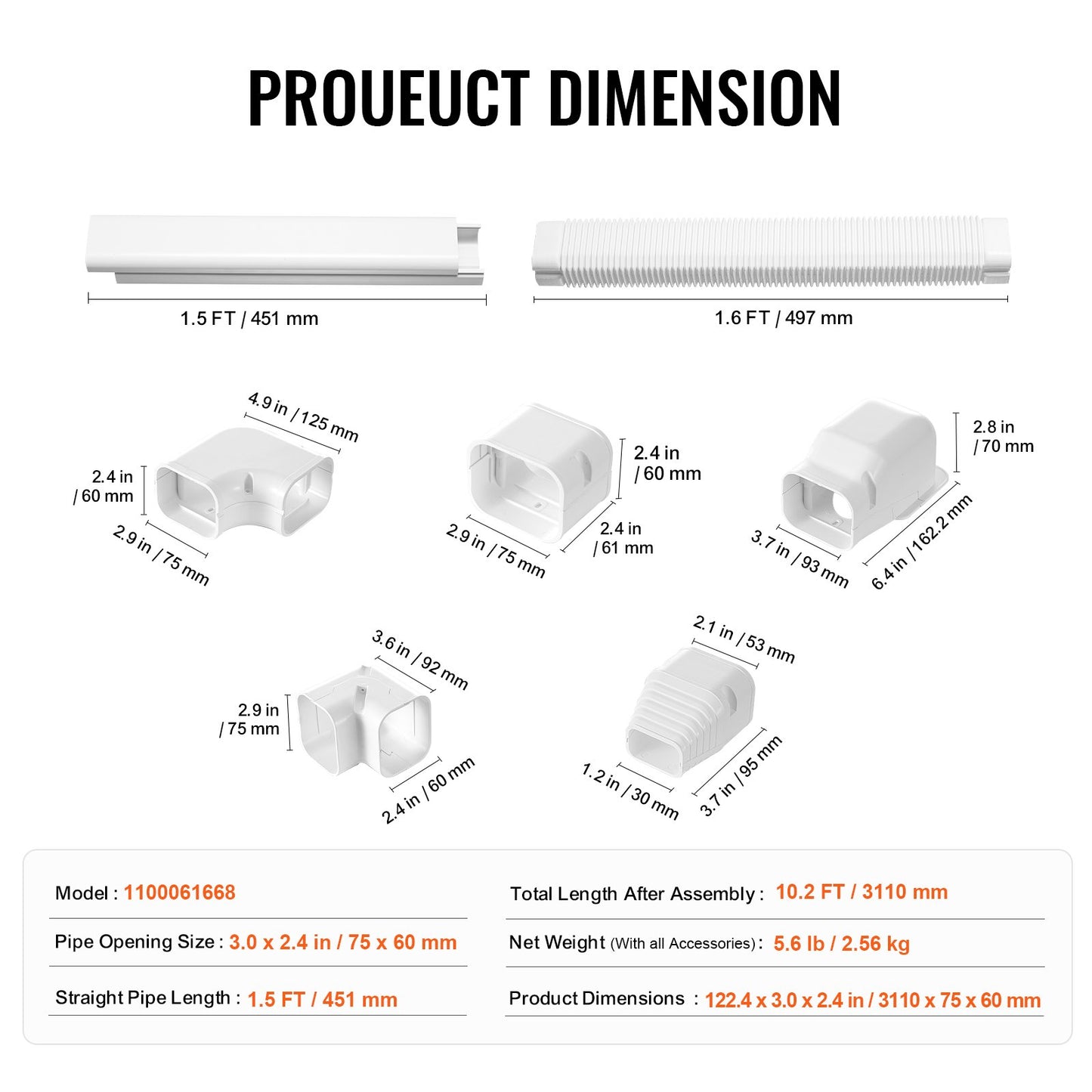 Mini Split Line Set Cover 76.2mm W 3110mm L, PVC Decorative Pipe Line Cover For Air Conditioner with 5 Straight Ducts & Full Components Easy to Install, Paintable for Heat Pumps, White