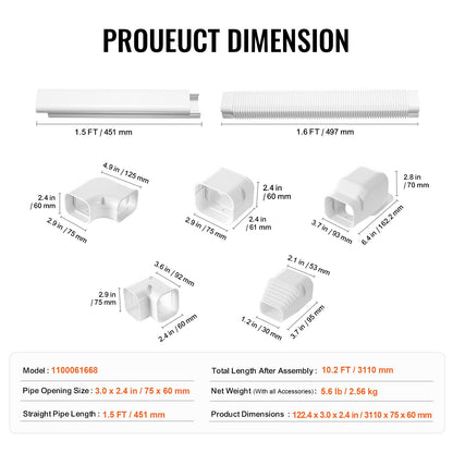 Mini Split Line Set Cover 76.2mm W 3110mm L, PVC Decorative Pipe Line Cover For Air Conditioner with 5 Straight Ducts & Full Components Easy to Install, Paintable for Heat Pumps, White