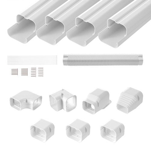 Mini Delat rörledningsskydd 76,2 mm B 4830 mm L, Dekorativt PVC-rörledningsskydd för luftkonditionering med 4 raka kanaler och kompletta komponenter, lätt att installera, övermålningsbart för värmepumpar, vit