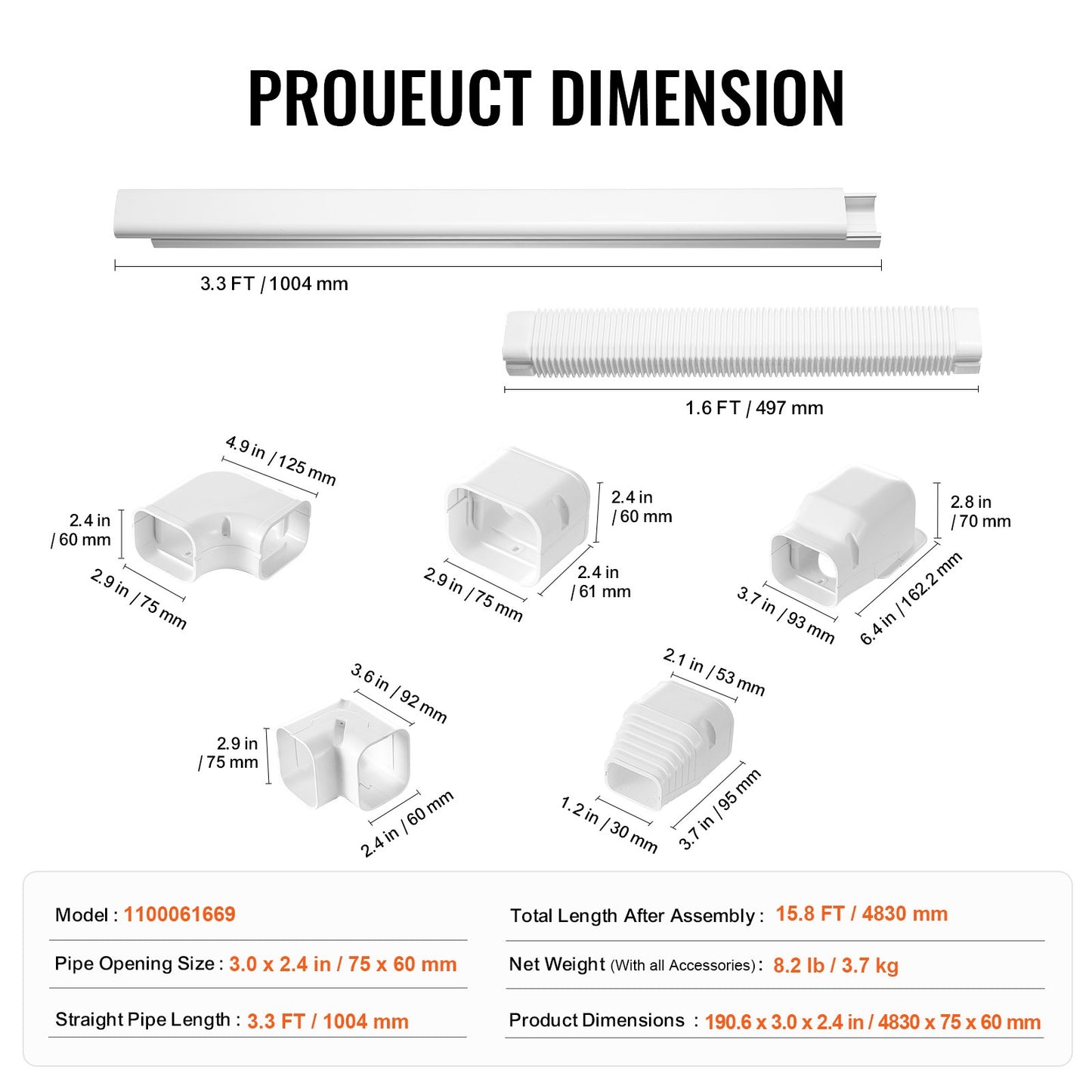 Mini Delat rörledningsskydd 76,2 mm B 4830 mm L, Dekorativt PVC-rörledningsskydd för luftkonditionering med 4 raka kanaler och kompletta komponenter, lätt att installera, övermålningsbart för värmepumpar, vit