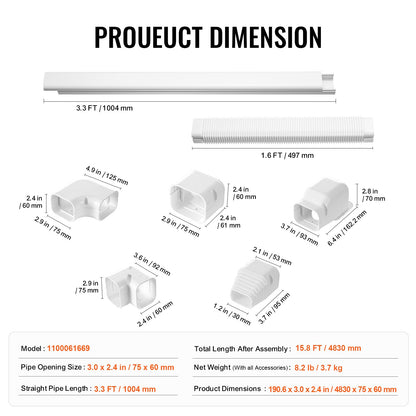 Mini Delat rörledningsskydd 76,2 mm B 4830 mm L, Dekorativt PVC-rörledningsskydd för luftkonditionering med 4 raka kanaler och kompletta komponenter, lätt att installera, övermålningsbart för värmepumpar, vit