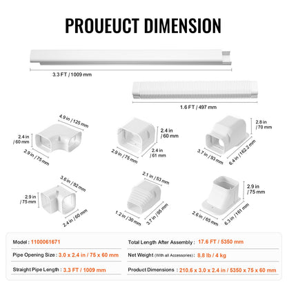 Mini Split Line Set Cover 76.2mm W 5350mm L, PVC Decorative Pipe Line Cover For Air Conditioner with 4 Straight Ducts & Full Components Easy to Install, Paintable for Heat Pumps, White