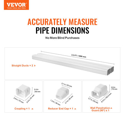 Mini Split Line Set Cover 76.2mm W 2270mm L, PVC Decorative Pipe Line Cover For Air Conditioner with 2 Straight Ducts & Full Components Easy to Install, Paintable for Heat Pumps, White