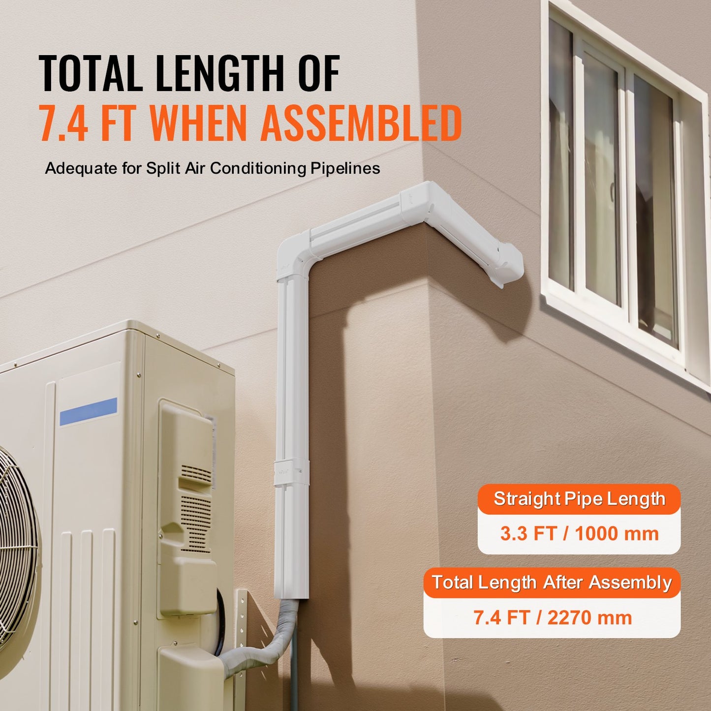 Mini Split Line Set Cover 76.2mm W 2270mm L, PVC Decorative Pipe Line Cover For Air Conditioner with 2 Straight Ducts & Full Components Easy to Install, Paintable for Heat Pumps, White