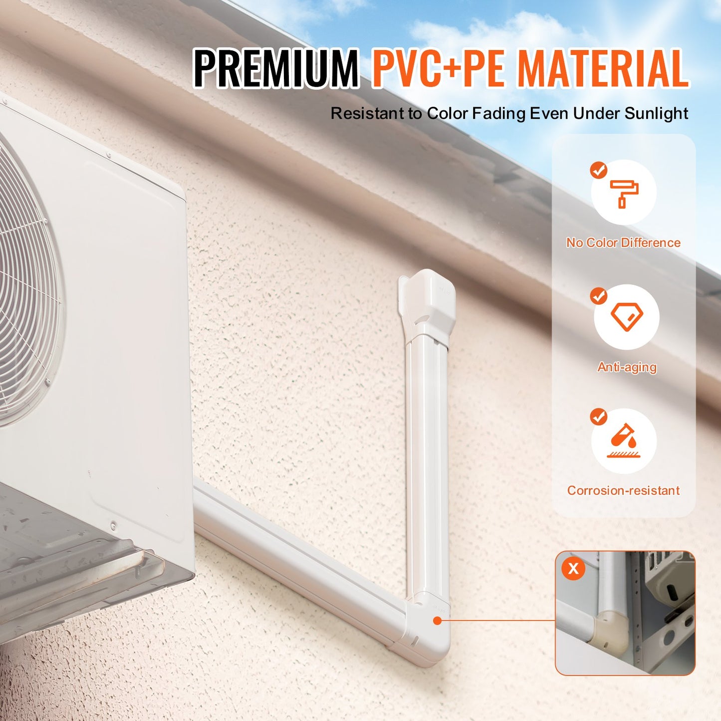 Mini Split Line Set Cover 76.2mm W 2270mm L, PVC Decorative Pipe Line Cover For Air Conditioner with 2 Straight Ducts & Full Components Easy to Install, Paintable for Heat Pumps, White