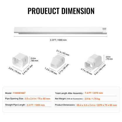 Mini Split Line Set Cover 76.2mm W 2270mm L, PVC Decorative Pipe Line Cover For Air Conditioner with 2 Straight Ducts & Full Components Easy to Install, Paintable for Heat Pumps, White
