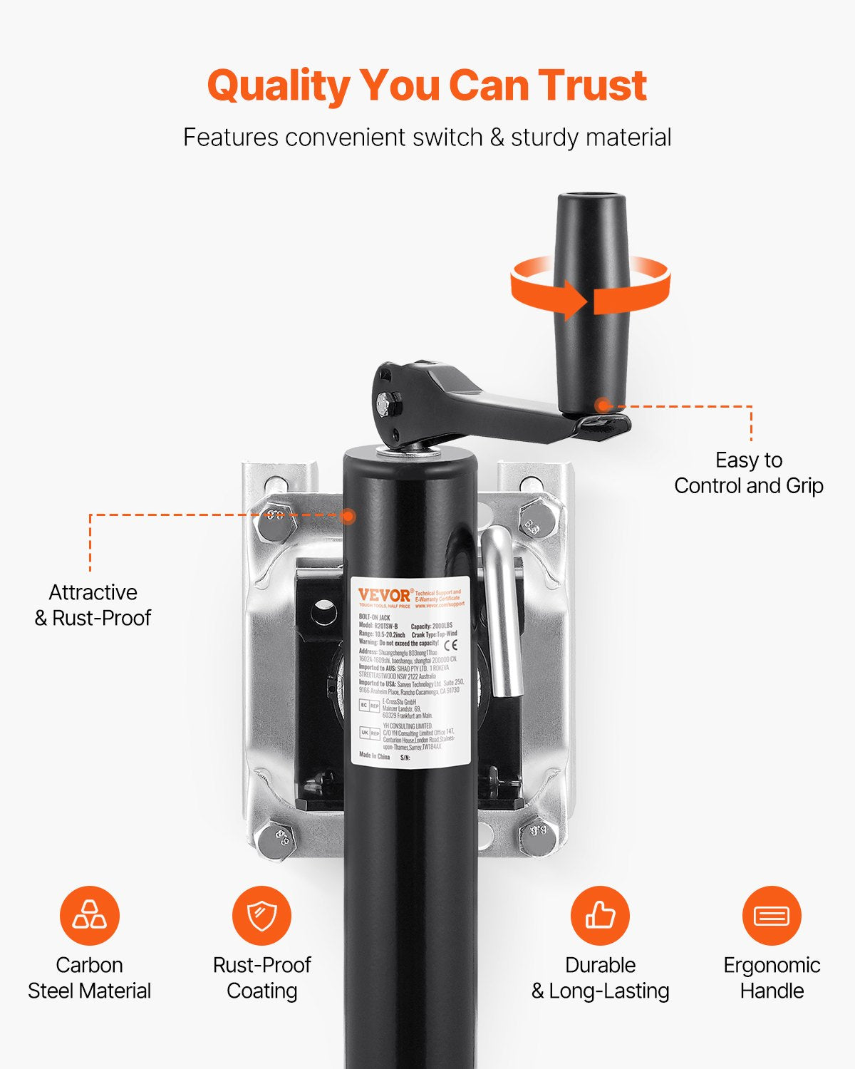 Domkraft, dynamisk lastkapacitet 900 kg, kraftig svängbar bultmonterad domkraft, 25 cm lyftbar domkraft med handtag för husbils-, häst-, nyttosläp och yachttrailer
