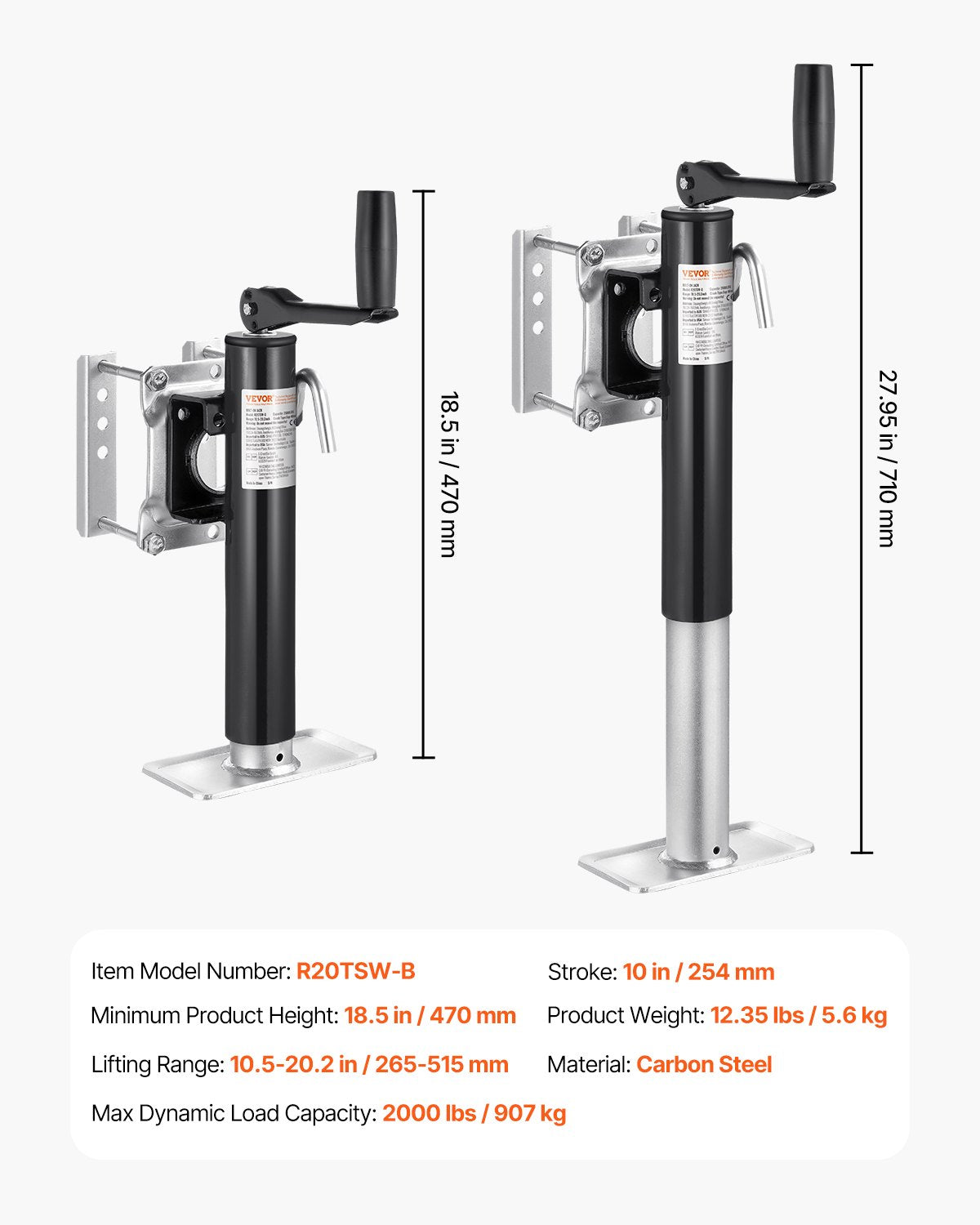 Domkraft, dynamisk lastkapacitet 900 kg, kraftig svängbar bultmonterad domkraft, 25 cm lyftbar domkraft med handtag för husbils-, häst-, nyttosläp och yachttrailer