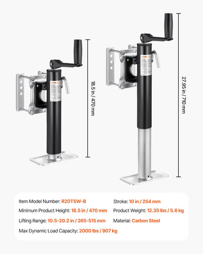 Domkraft, dynamisk lastkapacitet 900 kg, kraftig svängbar bultmonterad domkraft, 25 cm lyftbar domkraft med handtag för husbils-, häst-, nyttosläp och yachttrailer