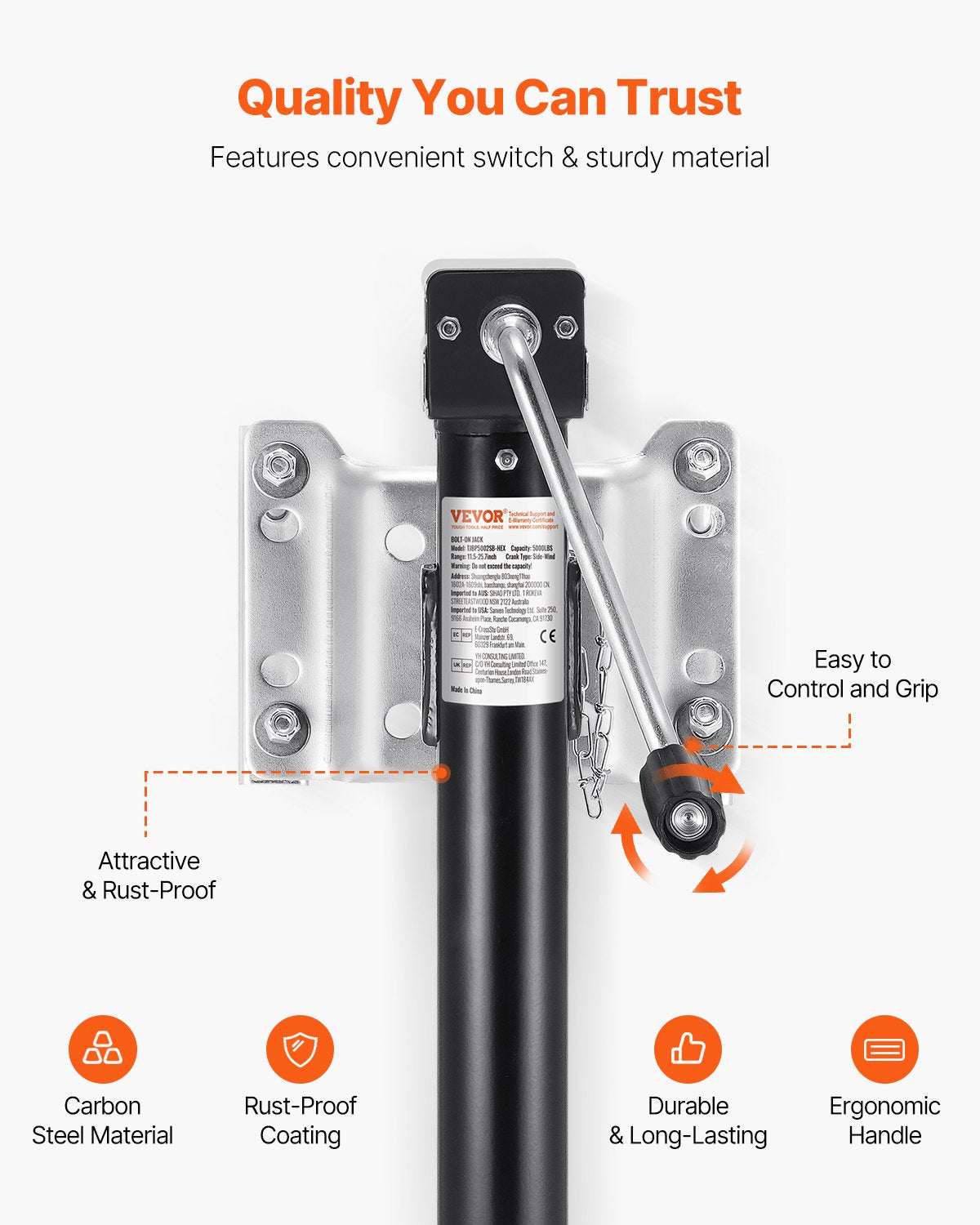 Domkraft, dynamisk lastkapacitet på 5000 lbs, kraftig svängbar bultmonterad domkraft, 14,3" lyftbar domkraft med handtag för husbils-, häst-, nyttosläp och yachttrailer