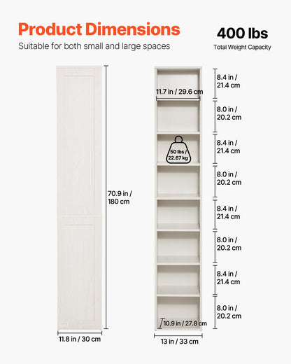 8 våningar smal bokhylla, 71 tum hög öppen bokhylla i trä med höjdjusterbar hylla, fristående displayförvaring golvbokhylla bokhylla för bibliotek, sovrum, vardagsrum, kontor, vit