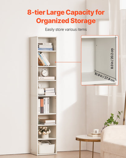 8 våningar smal bokhylla, 71 tum hög öppen bokhylla i trä med höjdjusterbar hylla, fristående displayförvaring golvbokhylla bokhylla för bibliotek, sovrum, vardagsrum, kontor, vit