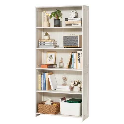 5 Tiers Wide Bookshelf, 68 in Wooden Open Bookcase with Display Storage Organizer Shelf, Freestanding Tall Display Floor Bookcase Bookshelf for Library, Bedroom, Living Room, Office, White