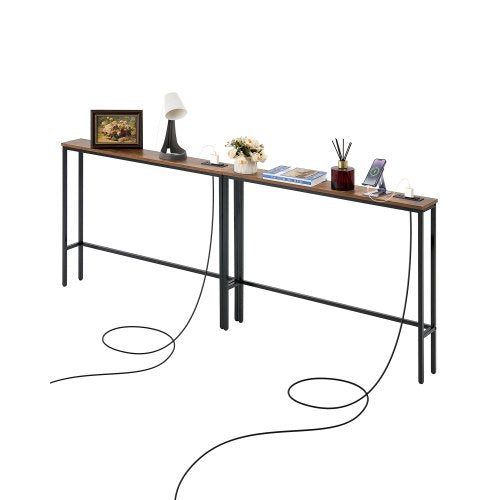 Narrow Console Sofa Table, 2 Pieces Behind Couch Table with Power Outlets, 1-Tier Long Entryway Table, Narrow Sofa Table with Metal Frame and Charge Station, for Entryway, Hallway, Living Room